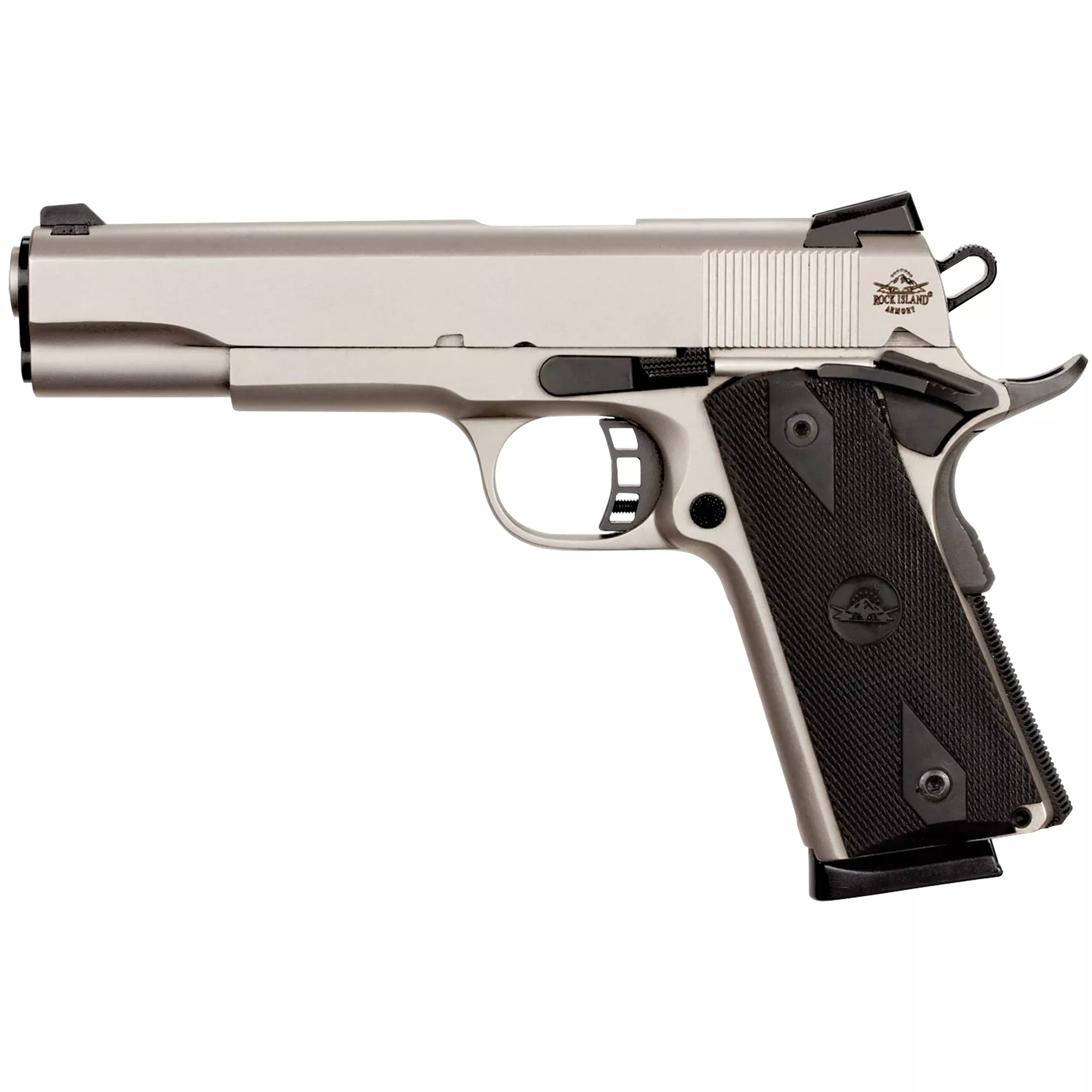 Rock Island 51448 Rock Standard FS 45 ACP 8+1 5” Barrel, Overall Matte Nickel Finish Steel, Beavertail Frame, Serrated Slide & Black Rubber Grip