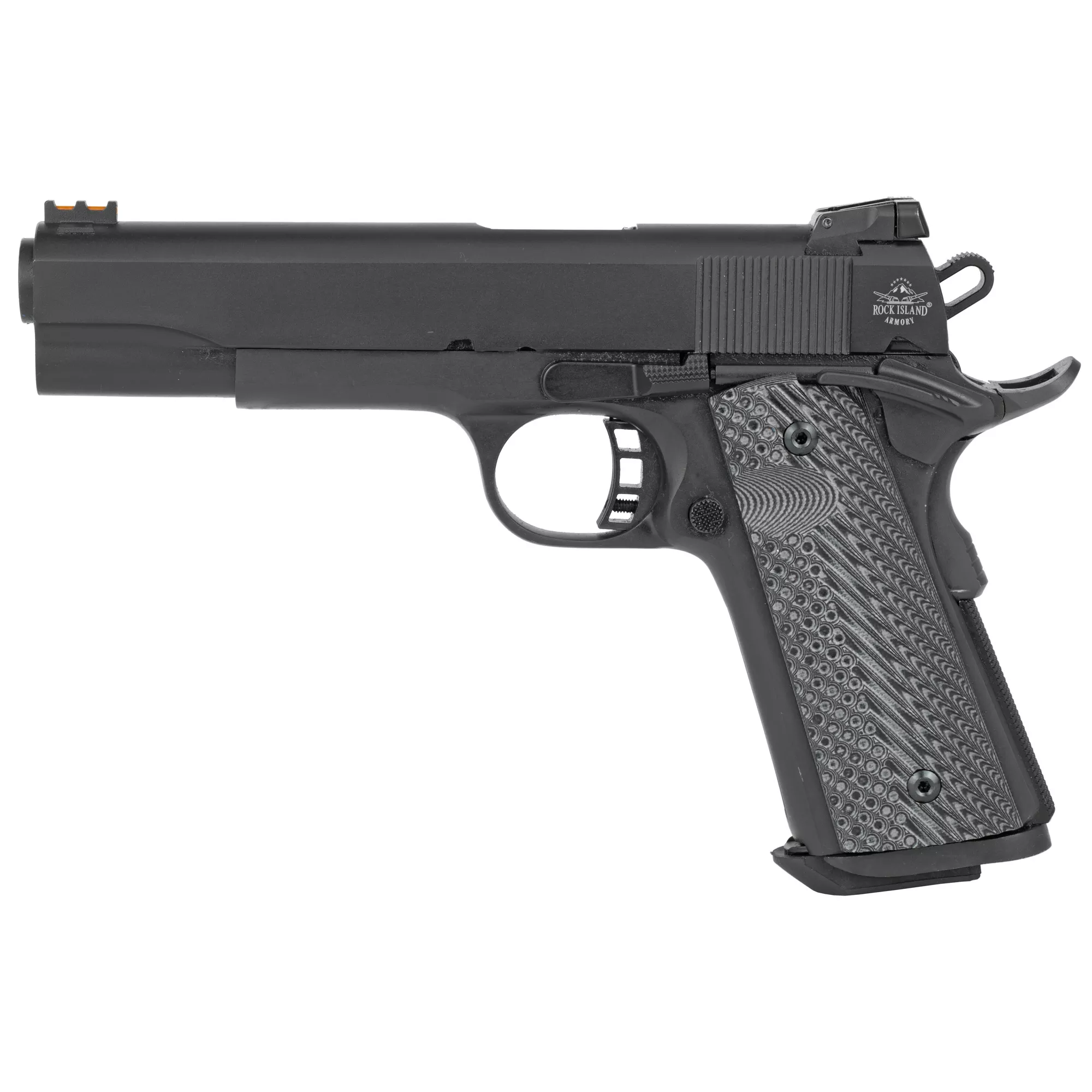 Rock Island 51719 Rock Ultra FS 40 S&W Caliber with 5” Barrel, 8+1 Capacity, Overall Black Parkerized Finish Steel, Beavertail Frame, Serrated Slide & Black/Gray G10 Grip