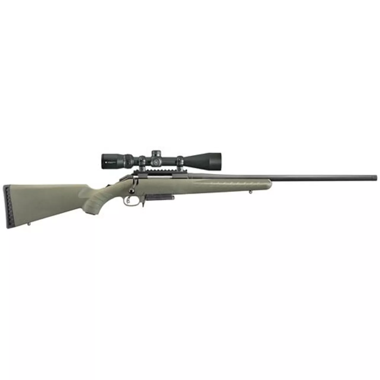 Ruger American Predator Bolt-Action, 308 Win 18″ Threaded Barrel, Matte Black, Moss Green Synthetic Stock, Vortex Crossfire II Scope, 3Rd Mag