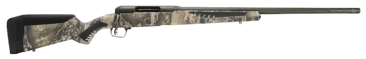 Savage, 110 Timberline, Bolt, Rifle, 6.5 Creedmoor, 22″ Threaded Barrel, Omni-Port Muzzle Brake, Olive Drab Green Cerakote Finish, Realtree Excape AccuFit Polymer Stock, AccuTrigger, Right Hand, 4Rd