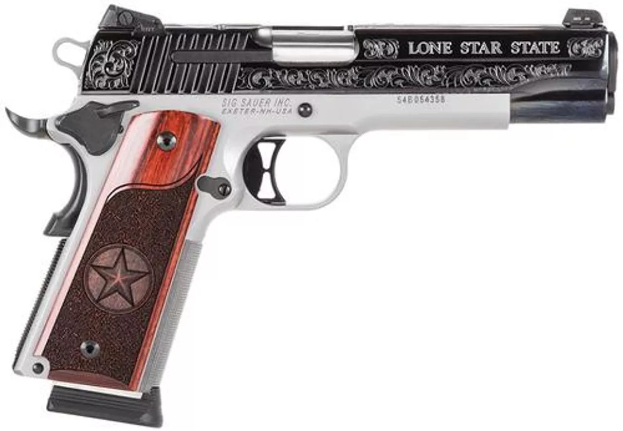 SiG 1911, 45 ACP, 5″ Barrel, 8rd, Texas Silver Engraved