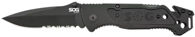 Sog Escape Folding Knife 3.40" Clip Point Part Serrated Black Blade Black Aluminum Handle