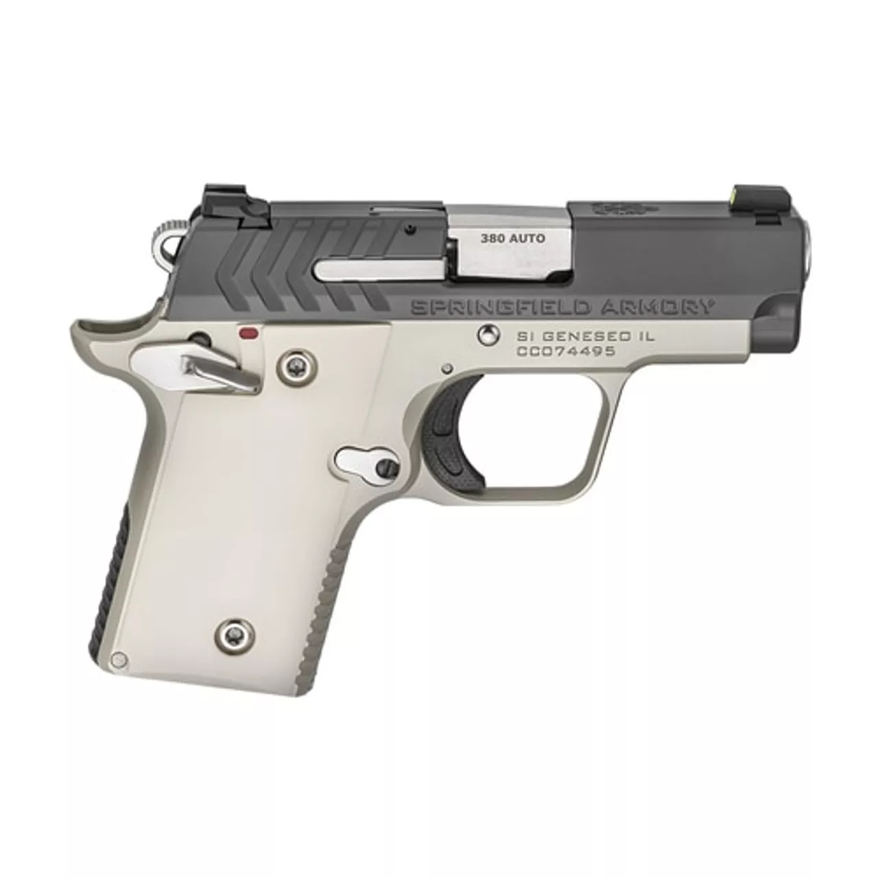 Springfield 911 Micro Compact 380ACP 2.7″ Barrel, Platinum Finish, Graphite Cerakote Slide,1-6Rd & 1-7Rd Mag, Ivory Grips, Night Sights