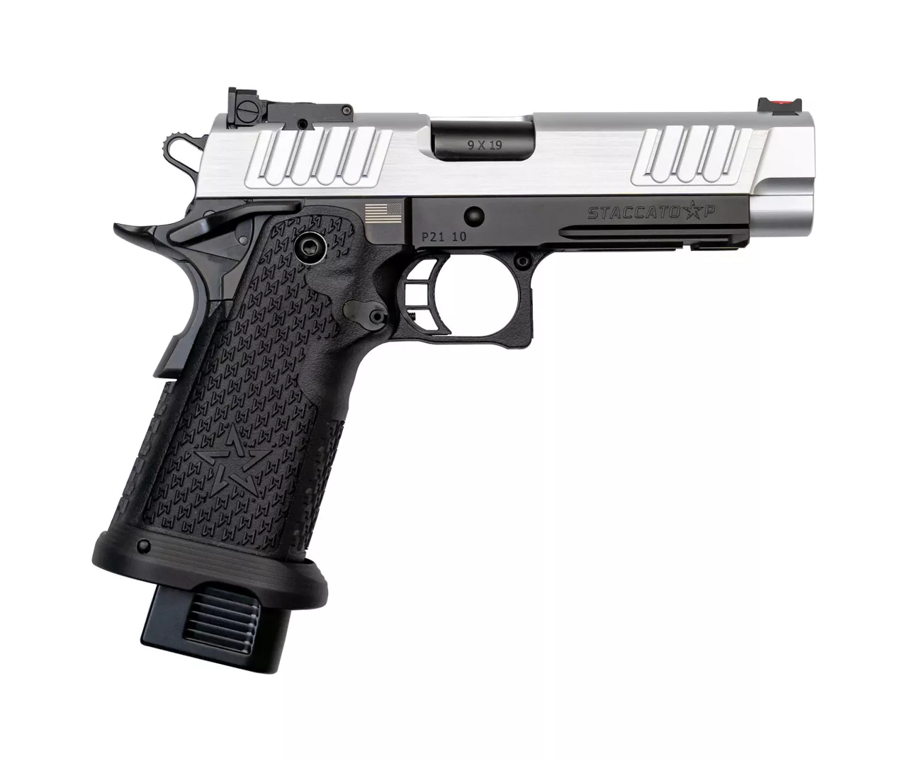 Staccato P 9mm, 4.4″ Bull Barrel, G2, Dawson Fiber Optic, SS Slide, DLC Barrel, Black, 17rd/20rd