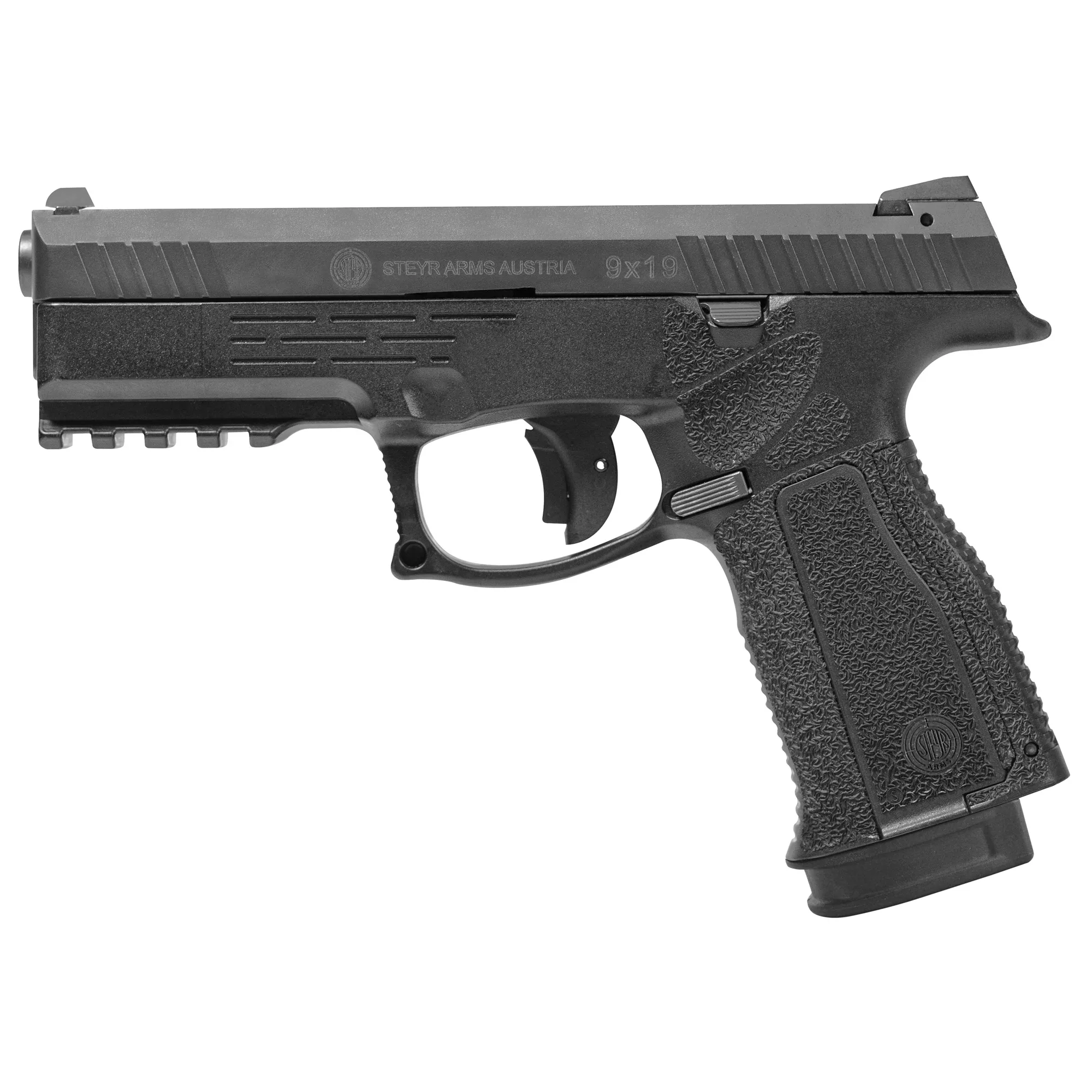 Steyr Arms 78.123.2H0 L9-A2 MF 9mm Luger Caliber with 4.50” Barrel, 17+1 Capacity, Overall Black Finish, Picatinny Rail Frame, Serrated Slide & Interchangeable Backstrap Grip