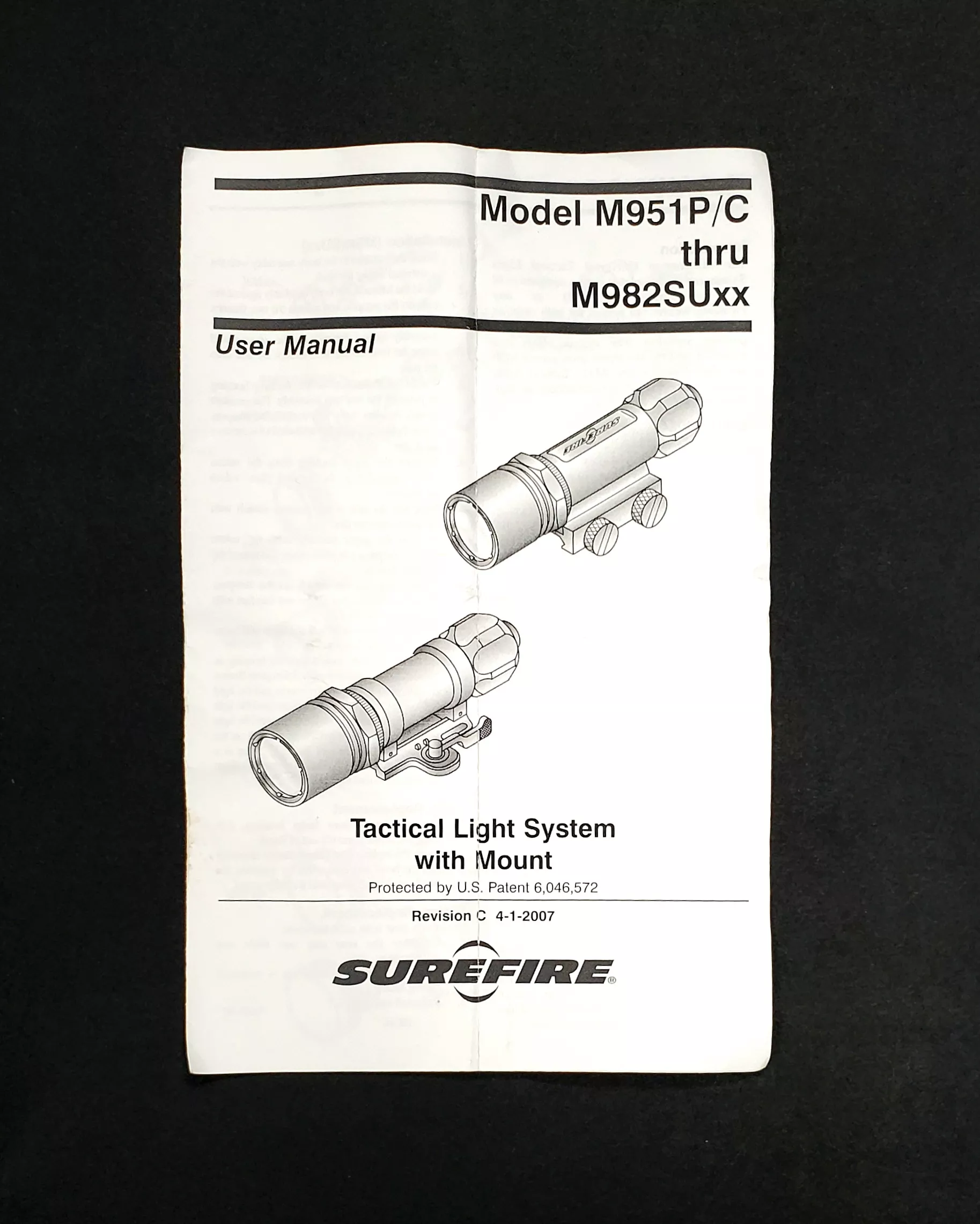 SureFire Millennium Universal WeaponlightModel 951 962 Tactical Light System with Mount Operators Manual