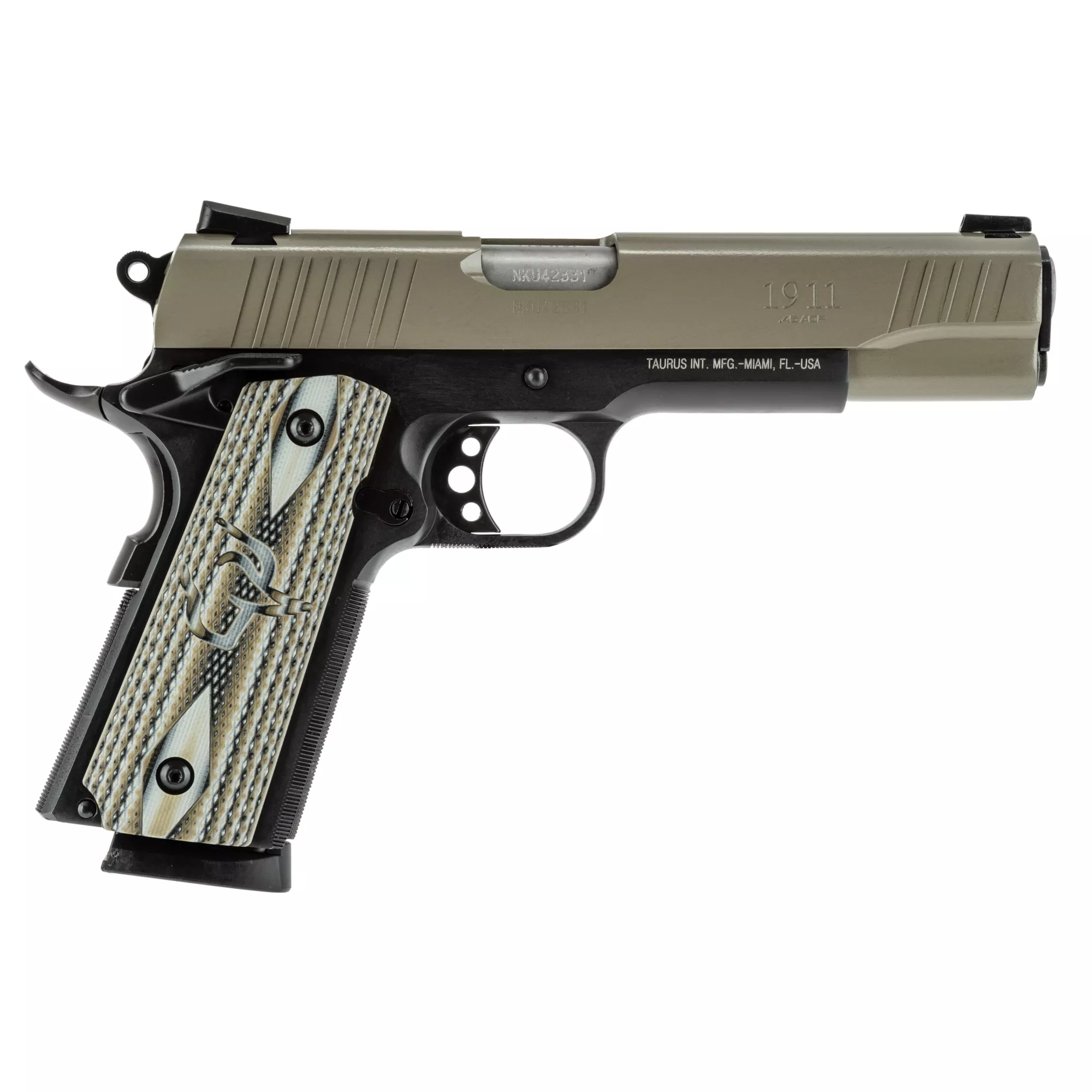 Taurus 1-191101S-VZ 1911 45 ACP Caliber with 5” Barrel, 8+1 Capacity, Matte Black Finish Beavertail Frame, Serrated Desert Sand Cerakote Steel Slide & Black VZ Operator II Grip Includes Magazine