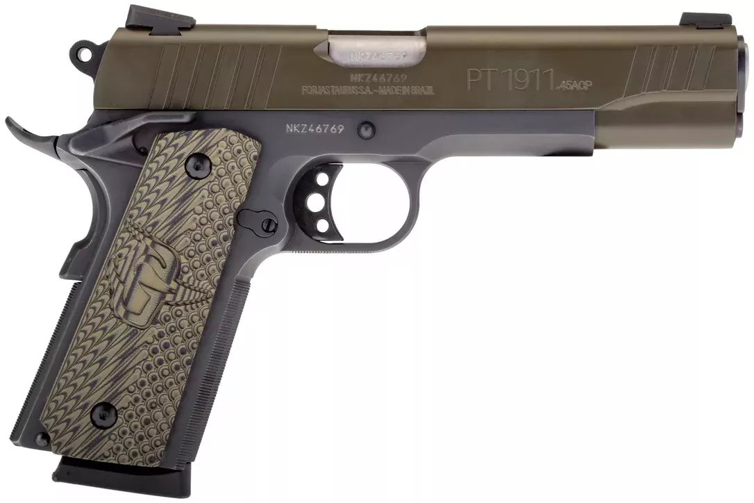 Taurus 1191101MGVZ 1911 45 ACP 8+1 5″ Barrel, Matte Black Finish Beavertail Frame, Serrated Mil-Spec Green Cerakote Slide & Brown VZ Operator II Grip