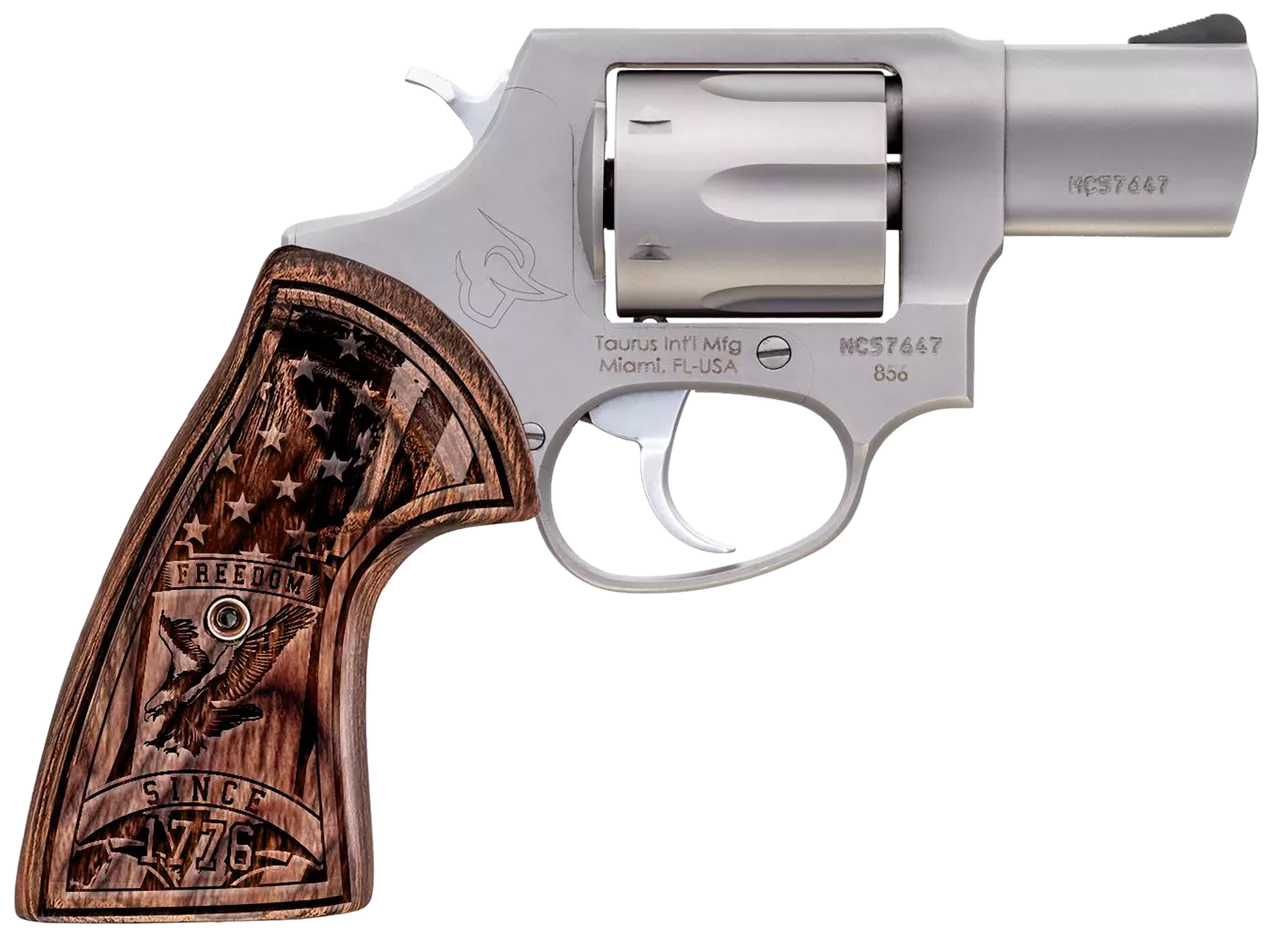 Taurus 605 357 Magnum/38 Special +P, 2″ Barrel, Stainless Steel, USA Flag Walnut Grip, 5rd