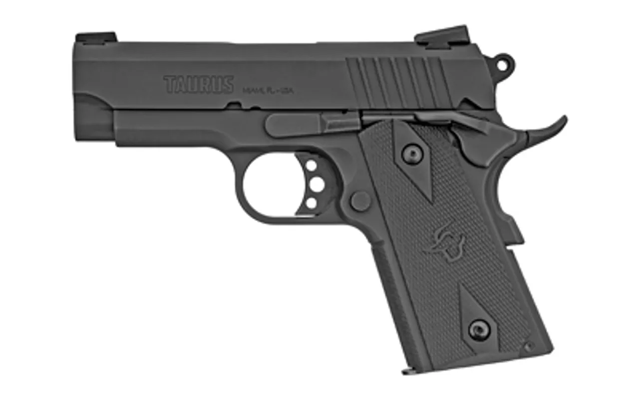 Taurus, PT1911, Officer, 3.5″ Barrel, Steel Frame, Blue Finish, Rubber Grips, Heinie Sights, with Rail, 8Rd, 1 Magazines
