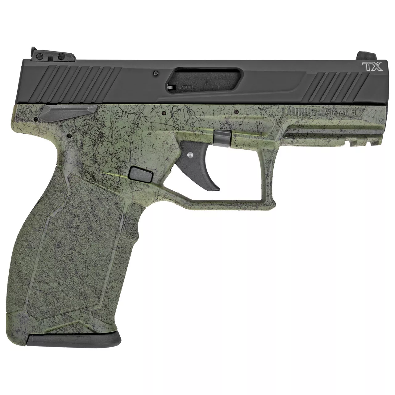 Taurus TX22 .22 LR, 4″ Barrel, Manual Safety, Threaded Barrel, Green Splatter, 10rd