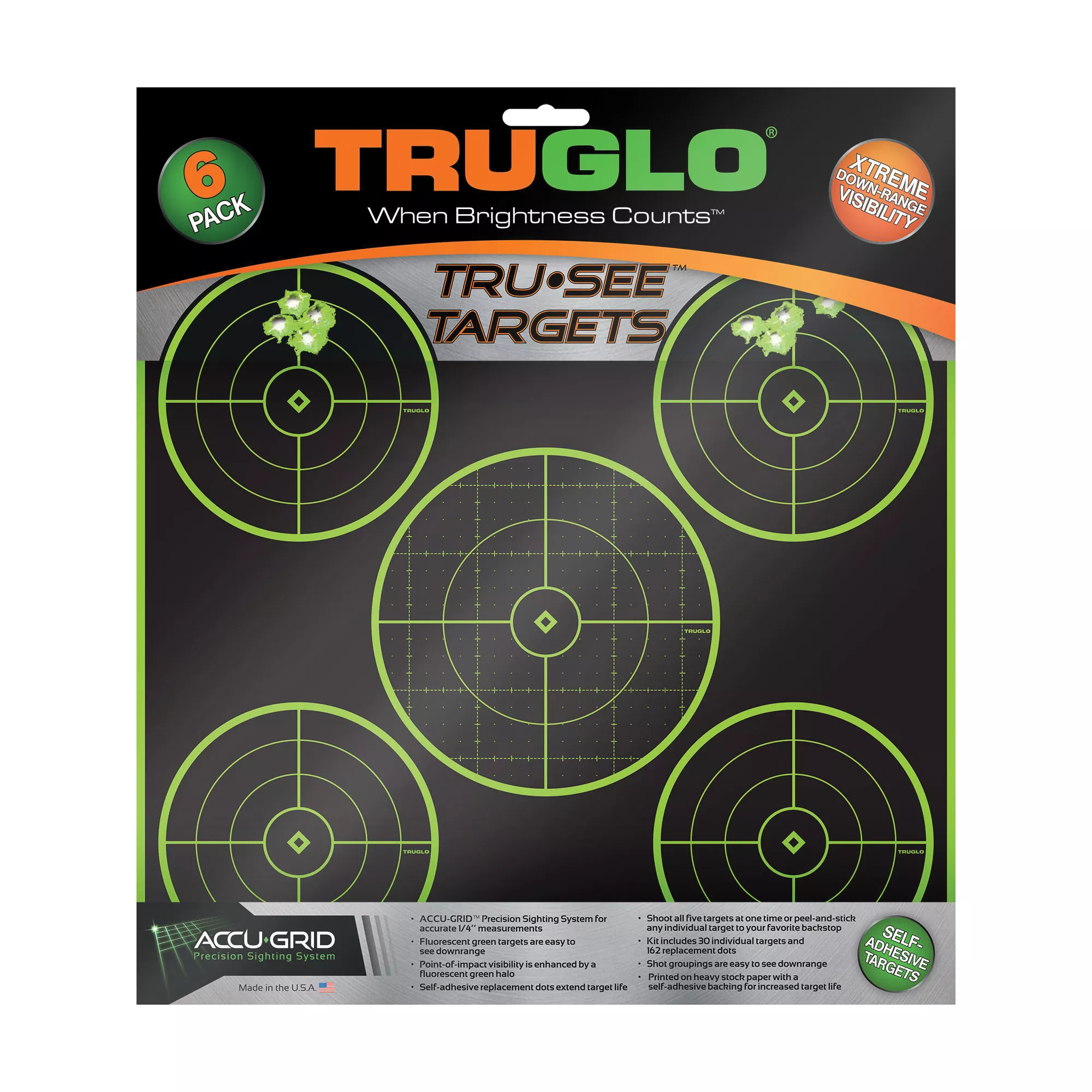 TruGlo TG11A6 Tru-See 5-Bull Target Self-Adhesive Heavy Paper Black/Green 12”x12” 6 Pack