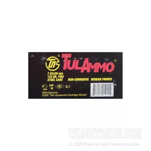 Tula 7.62×39 Ammunition – 100 Rounds of 124 Grain FMJ
