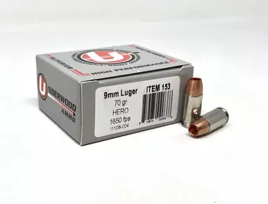 Underwood 9mm Luger Ammunition 70 Grain HERO UW153 20 Rounds