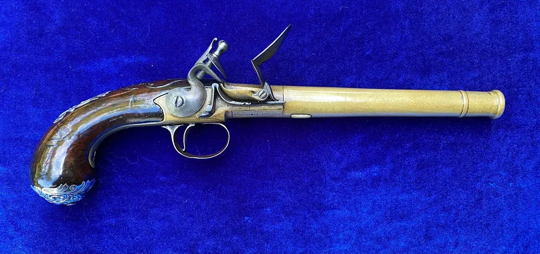 A Very Rare Large English All Brass Silver Mounted Queen Anne Style Turn-Off Cannon Barrel Flintlock Pistol by HEYLIN, LONDON