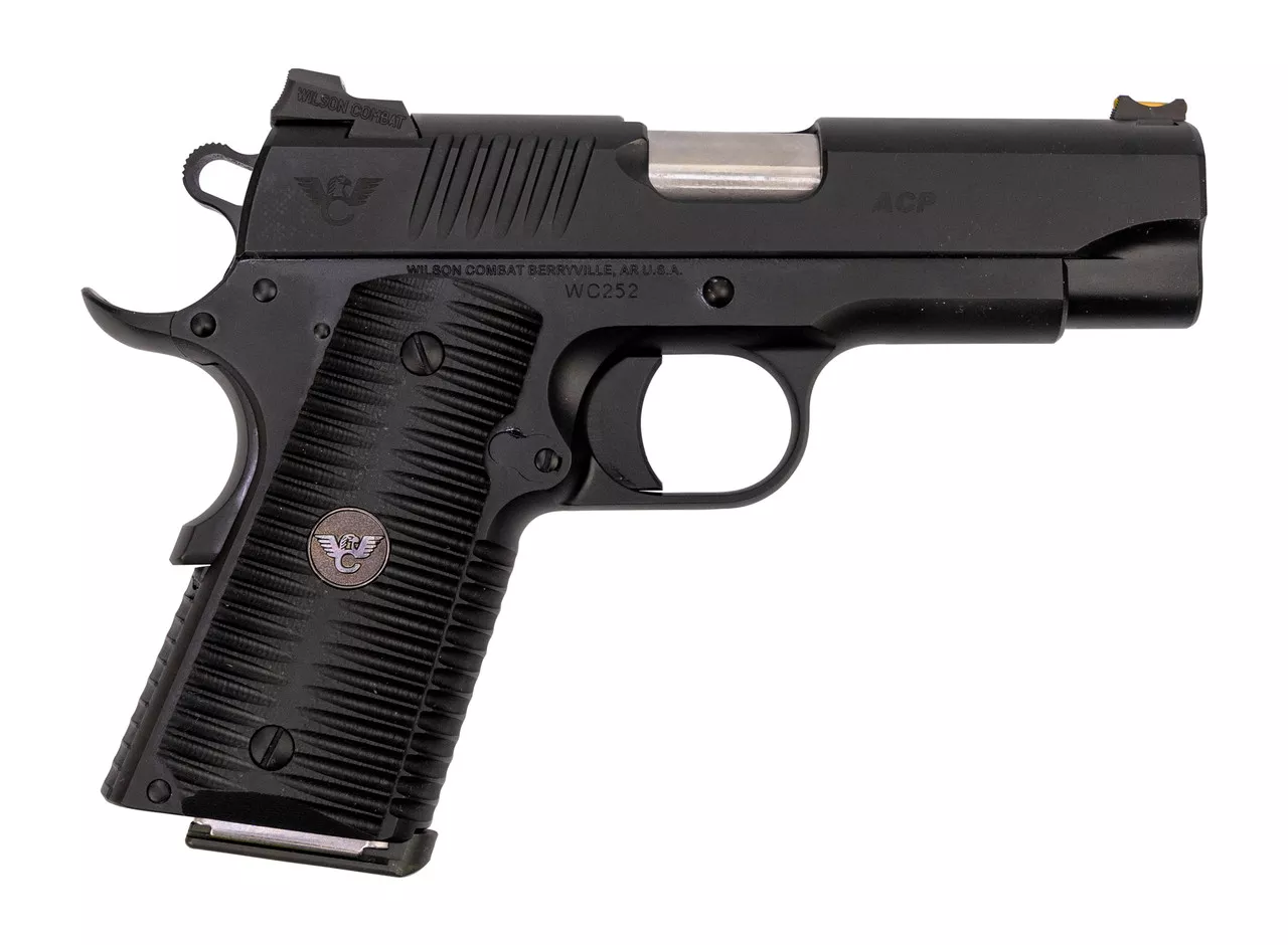 Wilson Combat ACP Compact 1911 SAO Used Excellent 45 ACP, 4″ Barrel, Black Armor-Tuff Carbon Steel, Black G10 Eagle Claw Grip, 2x7rd Mags, Factory Soft Case, Papers