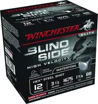 Winchester 12 GA Blind Side High Velocity SBS12LHVBB Ammunition 3-1/2″ 1-3/8 oz 1675fps BB Steel Shot 250 rounds