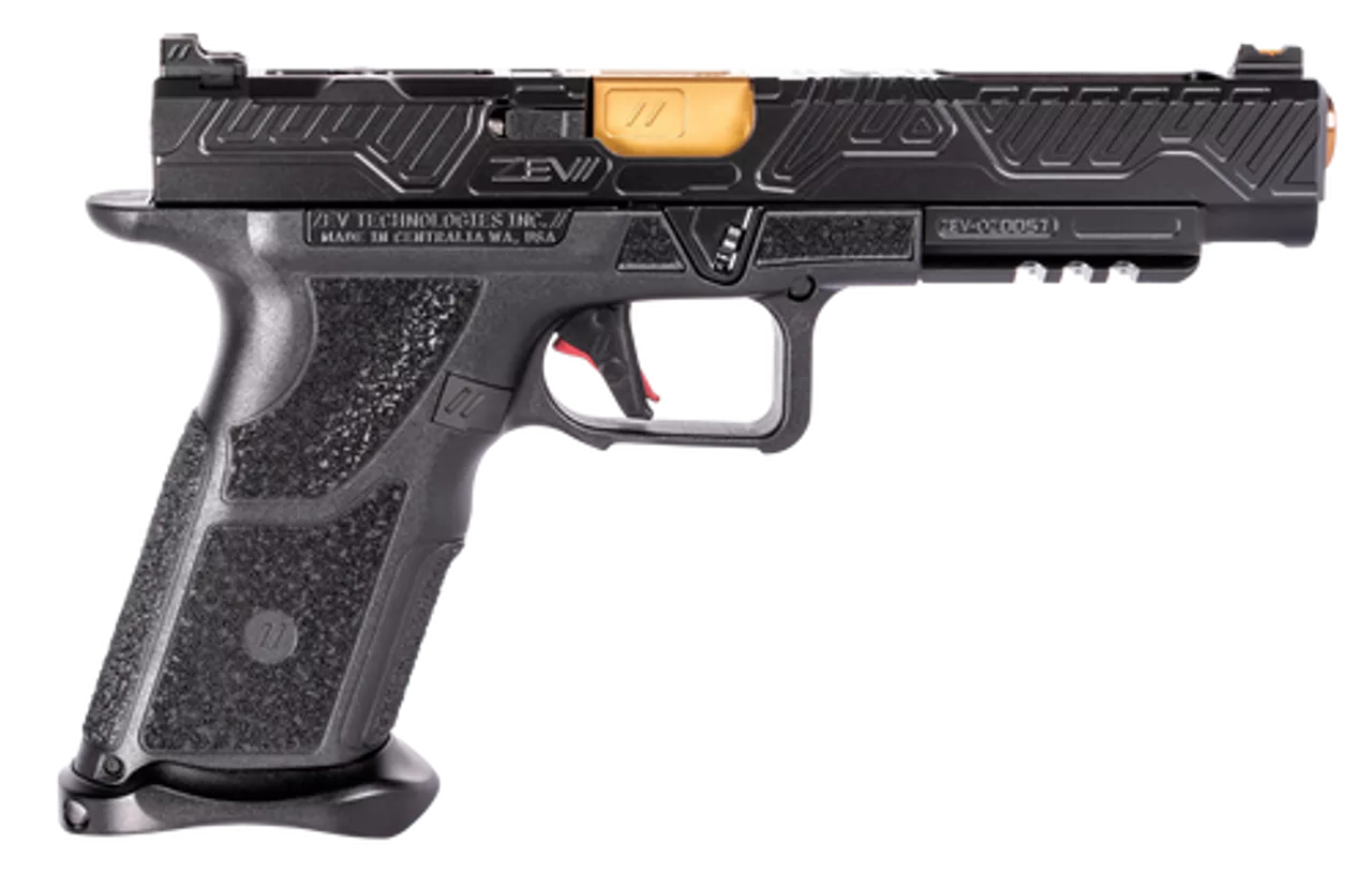 Zev Technologies O.Z-9 Competition 9mm, Single, 5.75″ Barrel, Black Grip, Black DLC Slide, 17rd